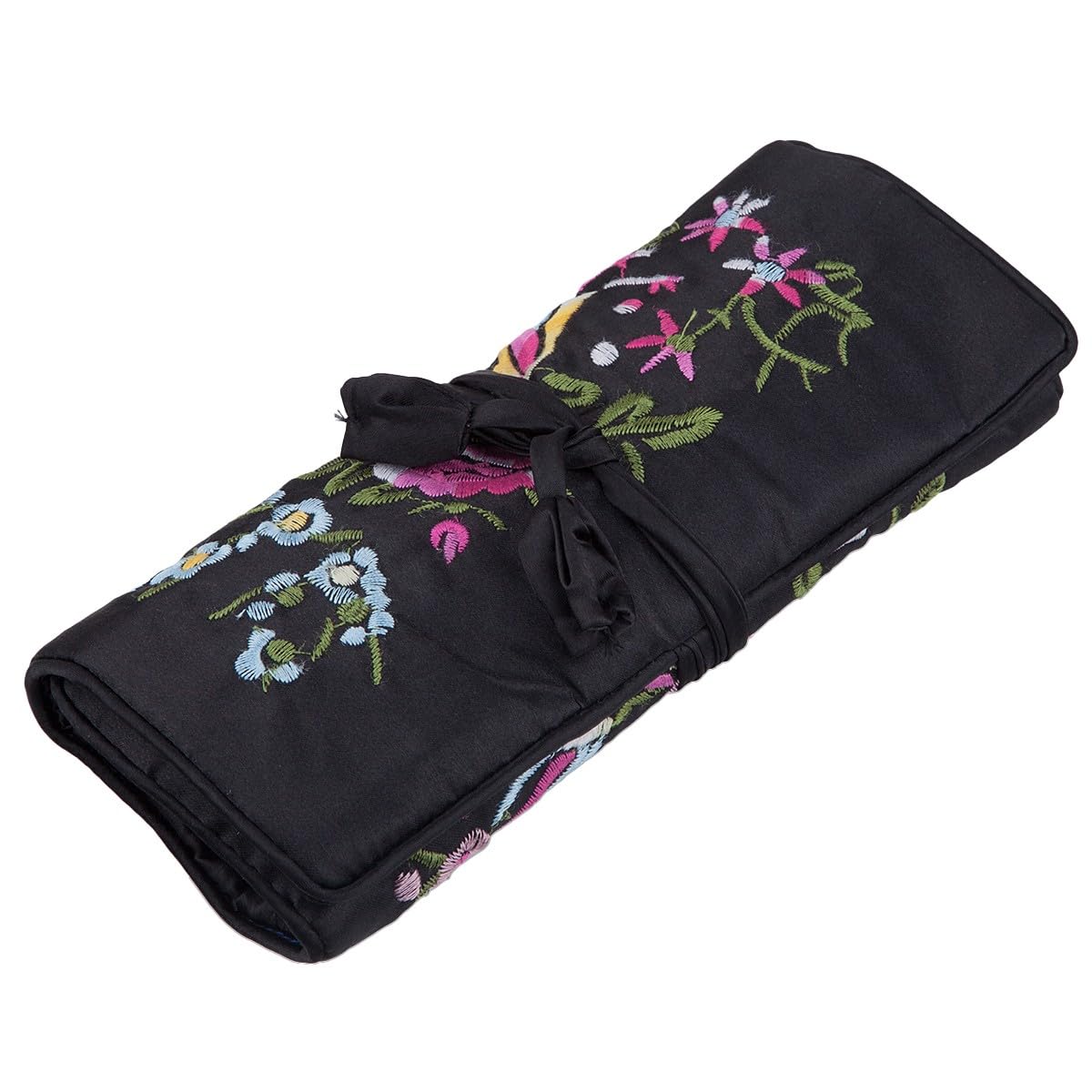 KYEYGWO Chinese Embroidery Travel Jewelry Roll with Flowers and Bird Embroidery, Jewelry Organizer Portable Hand Roll Bag Jewelry Bag for Necklace Ring Bracelet Storage, Black