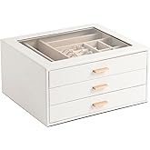 GLOBAL KA Jewelry Box with Glass Lid, 3-Layer Jewelry Organizer for Women Girls, PU Leather Display Case with 20-Grid Earring Tray & Movable Dividers for Necklaces Rings - Cloud White