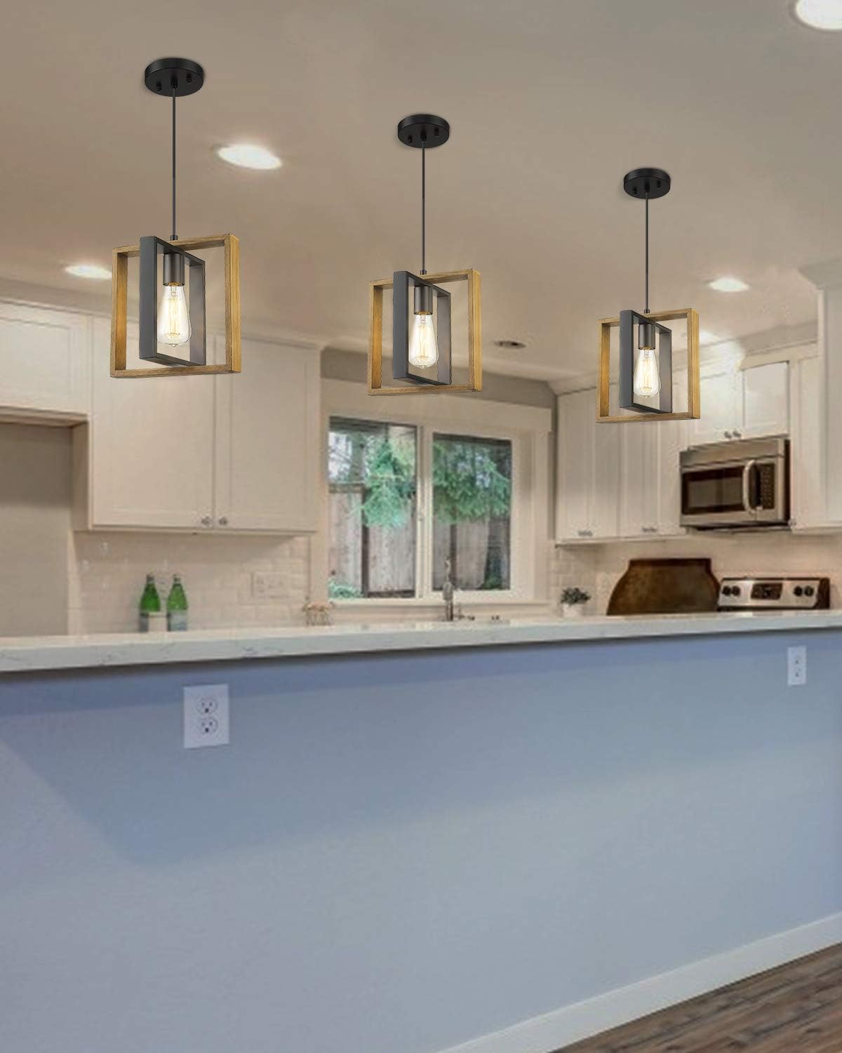 Ken & Ricky Kitchen Island Lighting, Farmhouse Pendant Light, Vintage Ceiling Hanging Light Fixture for Dining Room Kitchen, Metal Black with Solid Wood Frame - - 