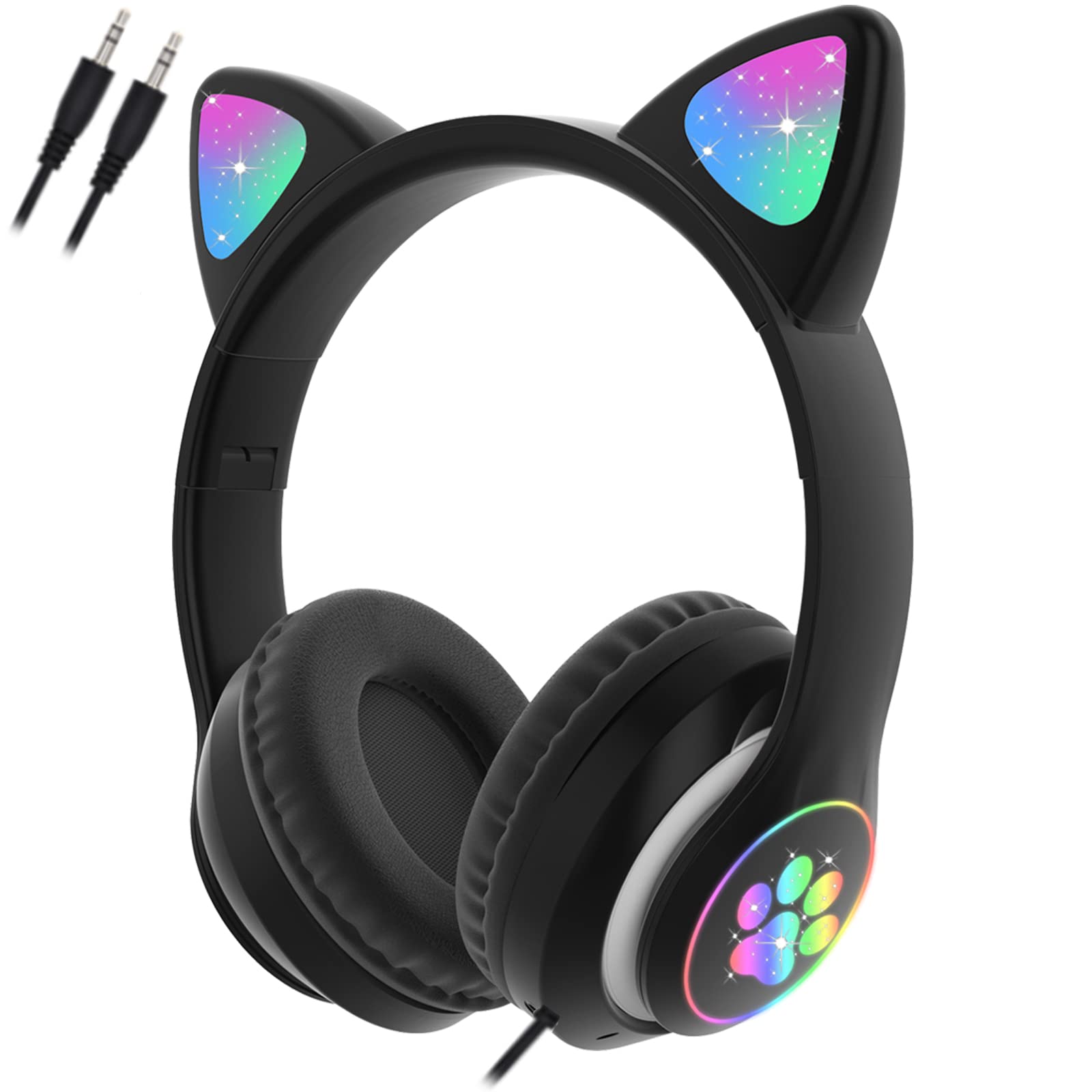 arVin Wireless Headphones for Kids Adults, Bluetooth Earphone Over Ear Cute Cat Ear with Flashing Lights Built-in Mic for Kids Girls Boys (Black)