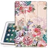 iPad 6th/5th Generation Case, Hocase PU Leather Smart Case w/Cute Flower Design, Auto Sleep Wake Feature, Microfiber Lining Hard Back Cover for iPad A1893/A1954/A1822/A1823 - Peony Flowers