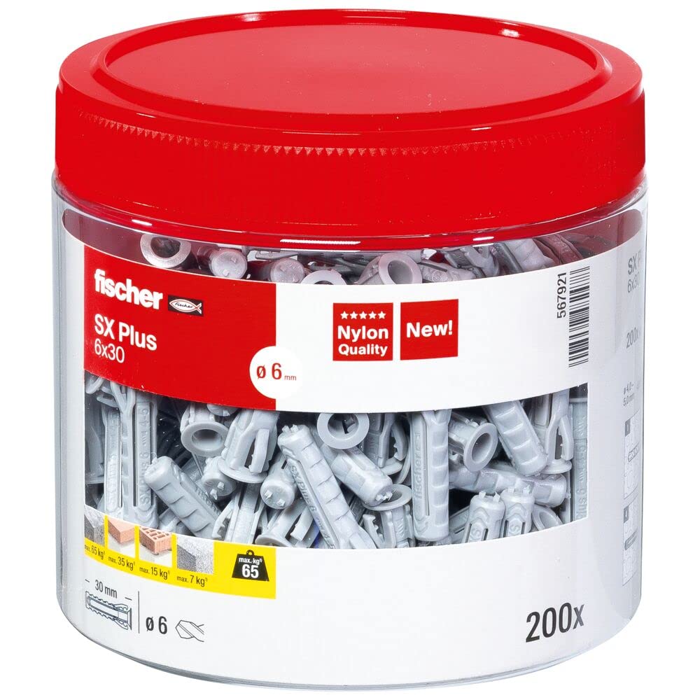 fischer 567921 SX Plus Expansion Wall Plug, 6mm x 30mm, Tin of 200 Plugs