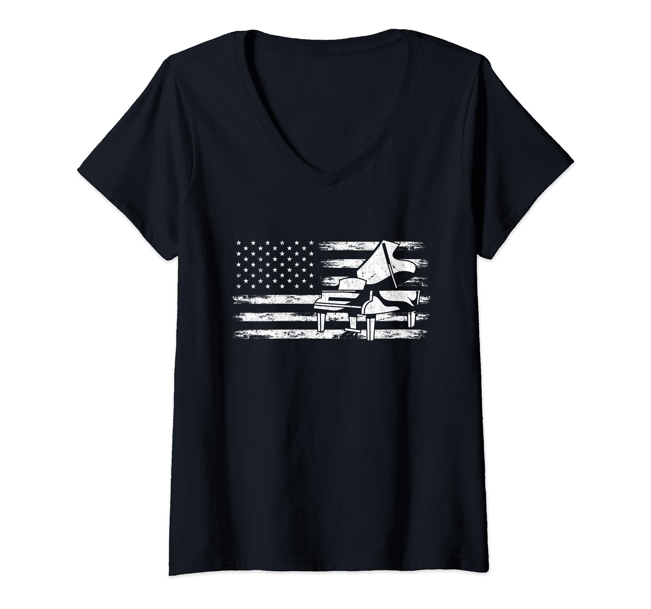 Womens US Flag Piano Keyboard Classical Musician Pianist Piano V-Neck T-Shirt