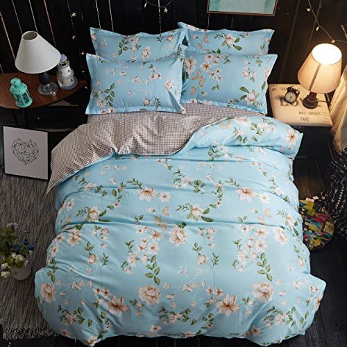 Bedding Duvet Cover Sets 3-pieces Full/Queen Size(90"x90") Microfiber , White Flowers Green Leaves Blue Prints Floral Patterns Design,Without Comforter (Full/Queen, 1Duvet Cover+2Pillowcases-09)
