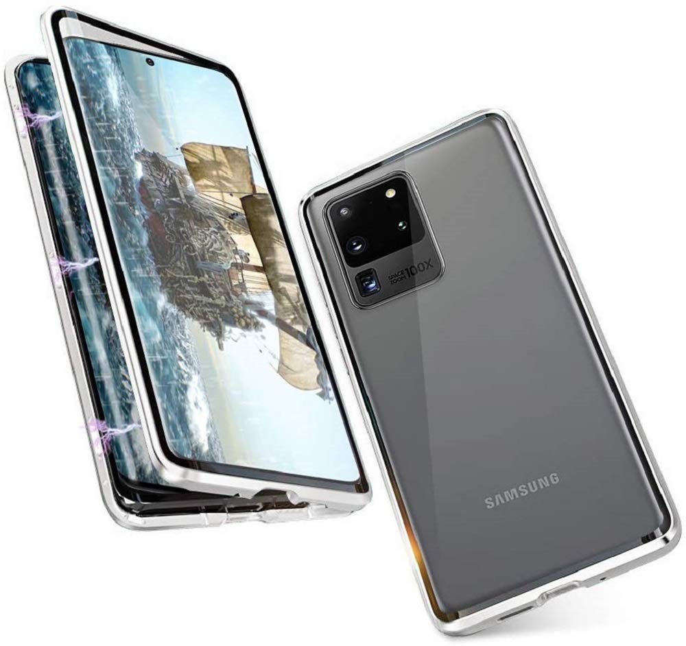 Case for Samsung Galaxy S20 Ultra Cover Adsorption Magnetic Metal Bumper Frame with Transparent Tempered Glass Front and Back 360 Degrees Full Body Protection Case Shockproof Ultra Slim Cover,Silver