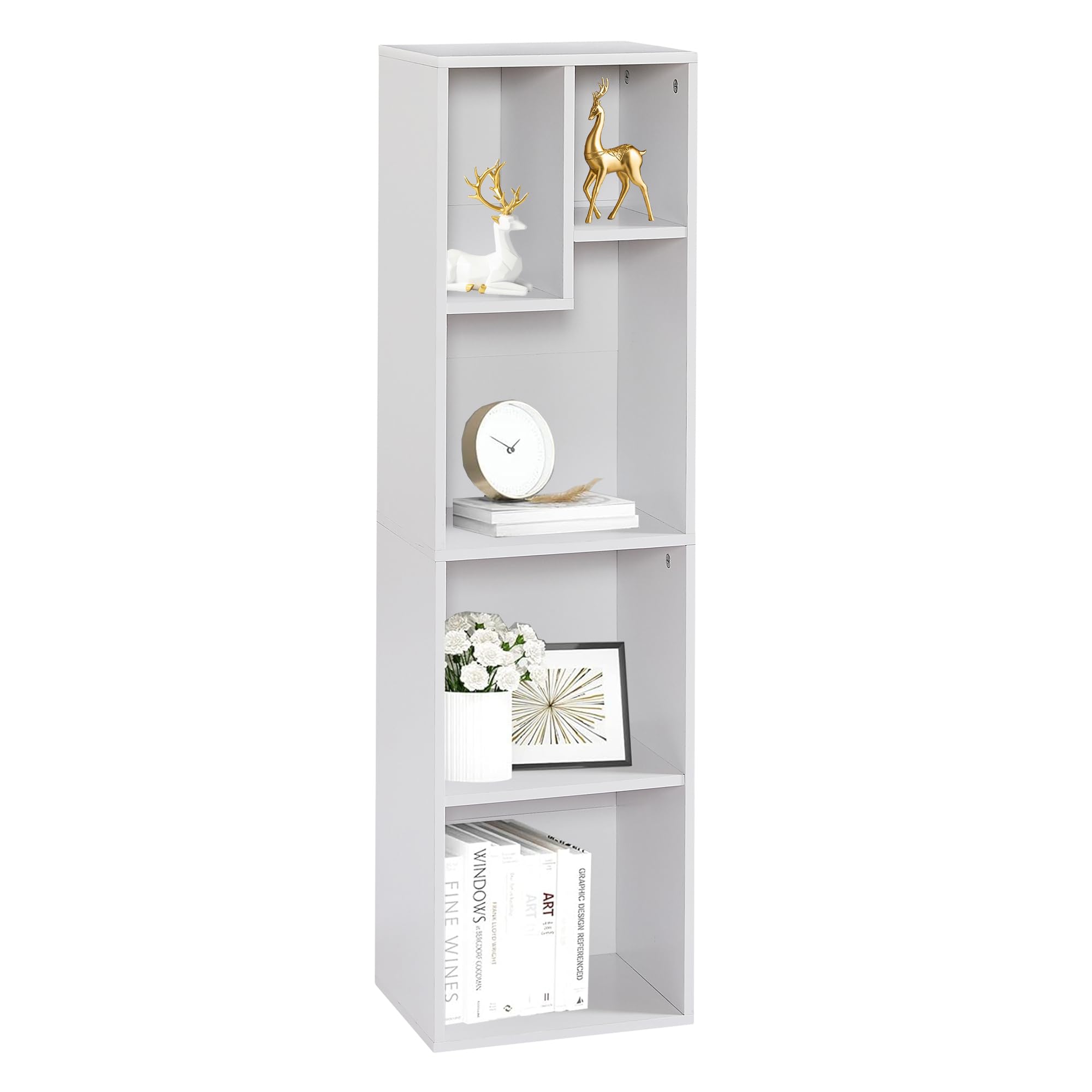 Photo 1 of *Pieces may be chipped* VECELO 4-Tier Bookcase, Modern Storage Cabinet with Height Difference Shelves for Standard Textbooks, 5 Cubes, Vertical or Horizontal, Easy Assembly, Pearl White