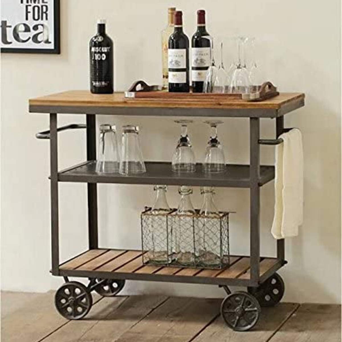 FURVOKIA Indoor or Outdoor Metal Wood Rolling Serving Cart on Wheels