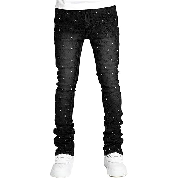 Men Rhinestone Skinny Ripped Jeans Y2k Stretch Slim Fit