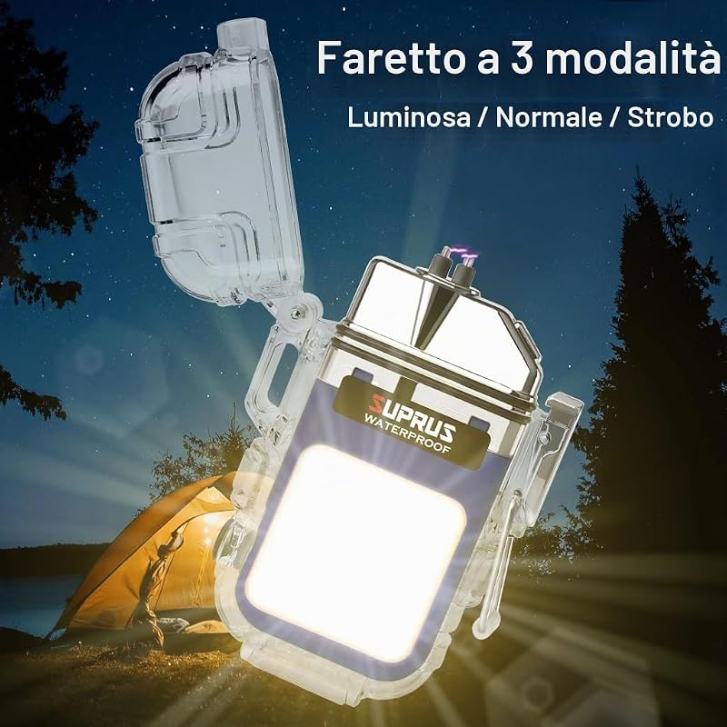 Accendino luminoso impermeabile, 3 modalità, torcia, antivento, doppio arco, accendino elettrico ricaricabile, accendino al plasma Dual Arc con fischietto di emergenza per la sopravvivenza e