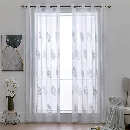 Miulee 2 Panels Leaves Embroidery Sheer Curtains Grommet Window
