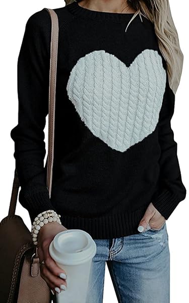 VALPHSIO WOMENS CABLE KNITTED HEART PATCHED LONG SLEEVE RAGLAN SLEEVE PULLOVERS LOOSE JUMPER SHIRTS BLACK