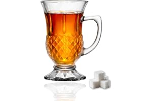 yersiz Footed Turkish Tea Glasses With Handle, Set of 6 Cups, Crystal Clear Tea and Latte Glasses, Slim Waist Design and Thic