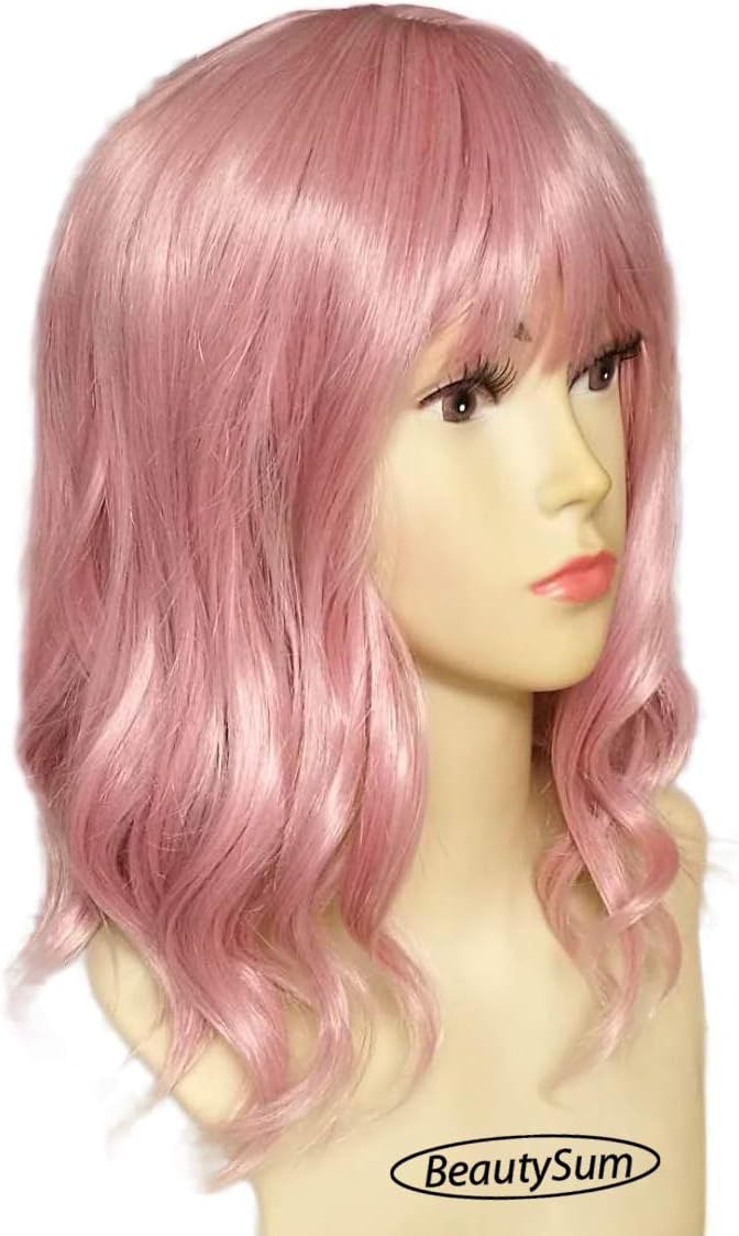 BeautySum Synthetic Wigs 14 Inch Cosplay for Women - Natural Looking Heat Resistant Rose Gold Peach Pink Short Length with Bangs Wavy Bob Style Natural Hairline