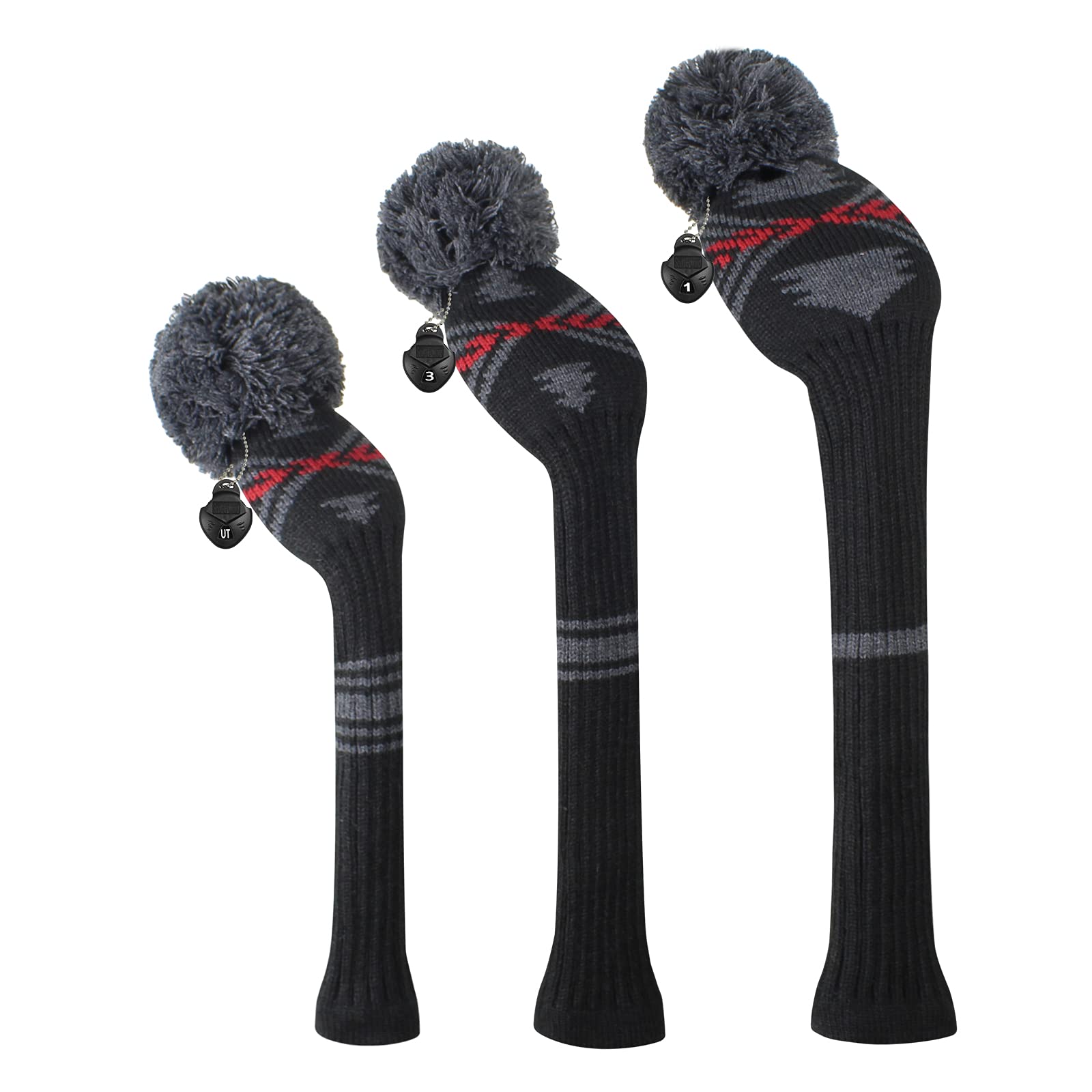 Scott Edward Knitted Golf Club Head Covers for Woods 3Pcs Set Golf Driver (460CC) Fairways and Hybrid/UT with Rotating Number Tags(Black Red Grey)