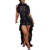 SEMATOMALA Women's Sheer Floral Lace Irregular Ruffle Dress Sleeveless Mock Neck High Low Sexy Slim Club Dress
