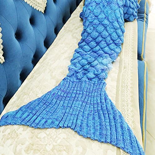 HOOHYE Mermaid Tail Blanket Handcrafted Crochet Knitting for Adult, Super Soft &amp; Warm Sleeping Bag Blanket (74" x 35") (Blue)