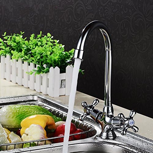 Siderit 360° Rotating Solid Brass Single Hole Double Handles Kitchen Sink Faucet Cold &amp; Hot Water Tap, Chrome