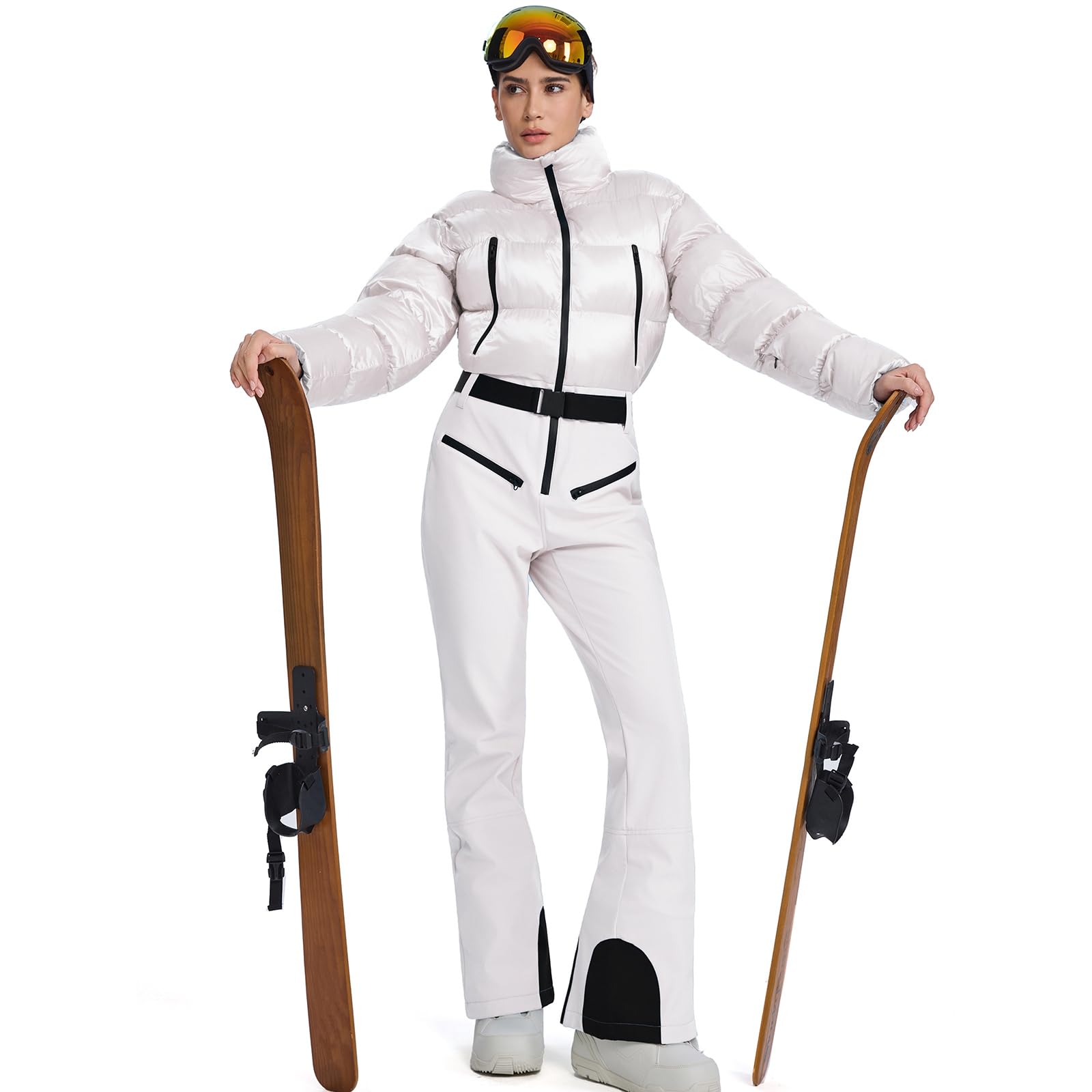 Photo 1 of WOWULOVELY Women Snowsuit Slim One Piece Jumpsuit Winter Onesies Ski Suit Outdoor Sports Waterproof Windproof Collar Coat(-Beige-S)