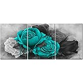sechars Teal and Grey Canvas Wall Art Rose Flower Painting Picture Turquoise Floral Prints Teal Bedroom Bathroom Decor