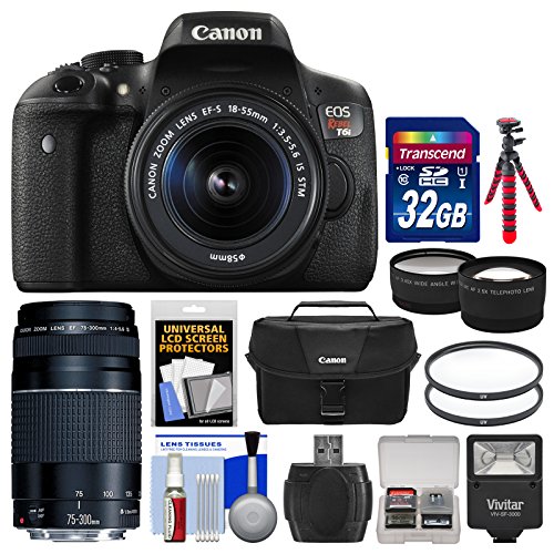 Canon EOS Rebel T6i Wi-Fi Digital SLR Camera & EF-S 18-55mm IS STM with 75-300mm III Lens + 32GB Card + Case + Flash + Tripod + Tele/Wide Lens Kit Canon EOS Rebel T6i Wi-Fi Digital SLR Camera & EF-S 18-55mm IS STM with 75-300mm III Lens + 32GB Card + Case + Flash + Tripod + Tele/Wide Lens Kit