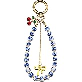 Uerifr Cherry Keychain Ideas Vintage Beaded Keychain Wristlet for Women Cute Key Ring Bracelet Cherry Bag Charm for Tote Bags Bow Purse Car Key Accessories Charms