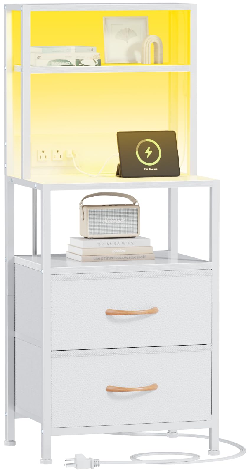 Photo 1 of **MISSING PARTS**
Furnulem Night Stand, Tall White Nightstand with 4-Tier Shelves, 2 PU Fabric Drawers and Light Tube, Bed Side Tables with Charging Station, Bedside Table for Bedroom