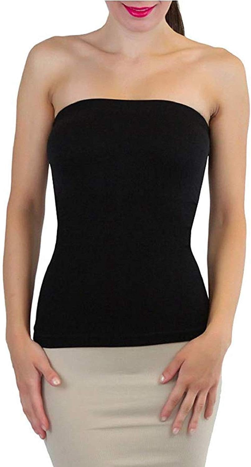 Women's/Girl's Strapless Stretchable Long Bandeau Tube Top Camisole Vest Spaghetti (Free Size)-Black