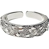 Ch.yishi Handmade Vintage 925 Sterling Silver Wide Flower Signet Band Rings for Women/Men,Adjustable Thumb Finger Ring