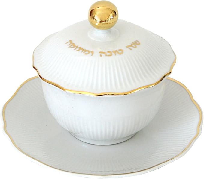 Rosh Hashanah Honey Dish Set - Ceramic Apple Plate, Honey Bowl & Wooden Dipper, Shana Tovah Judaica Gift