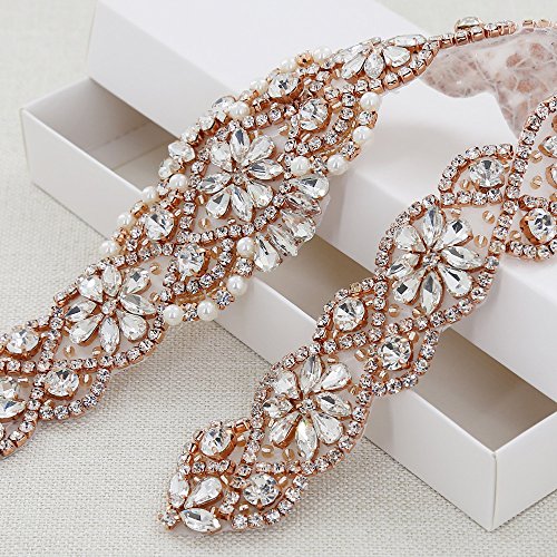 Bridal Dress Sash Rose Gold Crystal Applique with Clear Rhinestones for Wedding Belt Bridal Beaded Applique Wedding Applique - Thumbnail 4