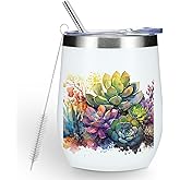 Watercolor Cactus Gardening Gifts Cute Succulent Wine Tumbler Insulated Wine Glasses 12 oz Tumbler with Lid for Women Men Cactus Lovers Female Girl Mom Grandma Coworker Birthday Christmas Anniversary