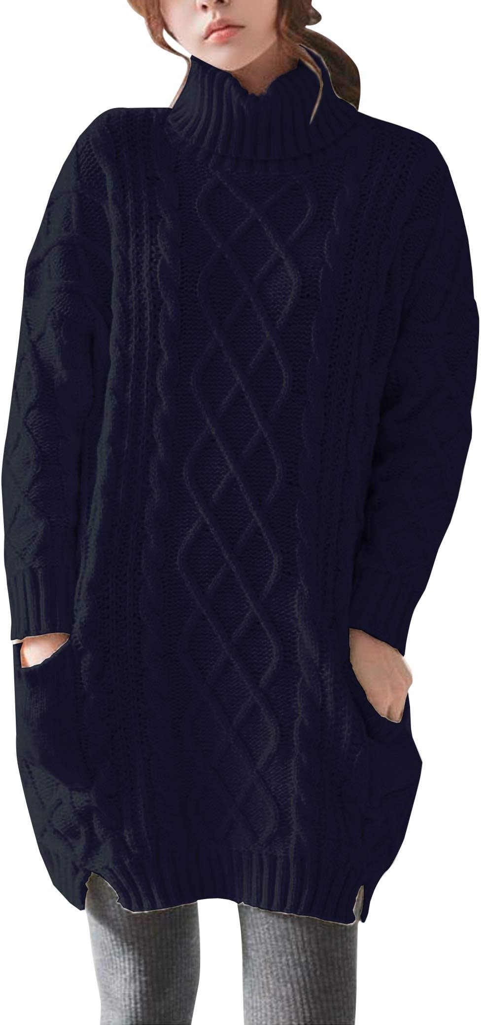Liny Xin Women's Cashmere Knitted Turtleneck Long Sleeve Winter Wool Pullover Long Sweater Dresses Tops (M, Navy)