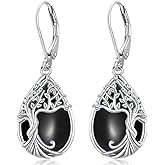 Odinstone 925 Sterling Silver Earrings Tree of Life Teardrop Moonstone Dangle Drop Leverback Earrings for Women