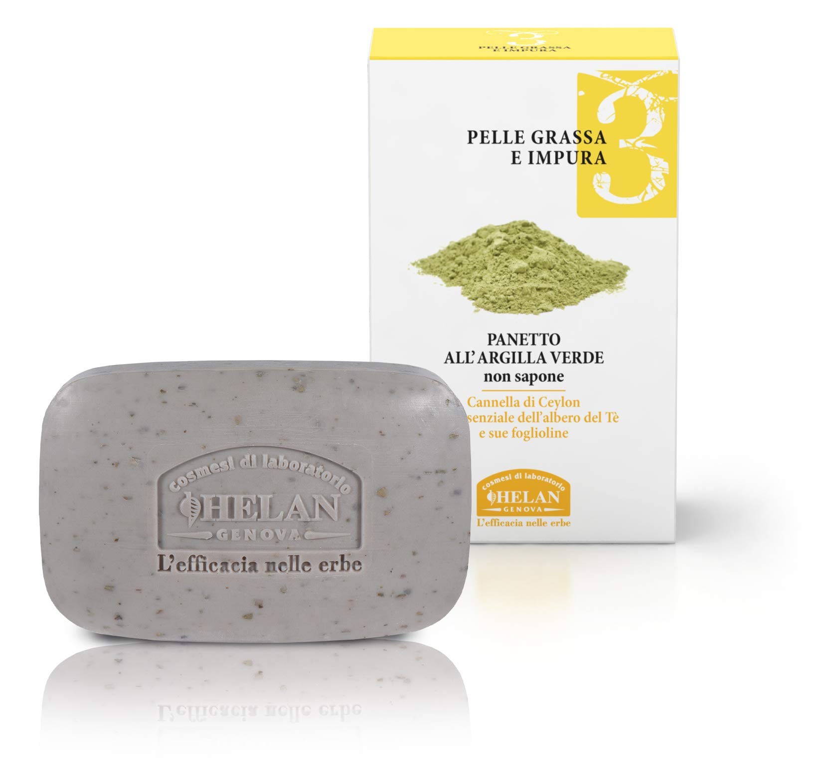 Helan Linea Viso 3 - Soap-Free Soap, Green Clay Soap Bar for Acne Treatment & Sebum Regulation with Tea Tree Oil - Vegan Cleanser & Bar Soap, Face Wash for Oily and Impure Skin - Made in Italy, 100 g