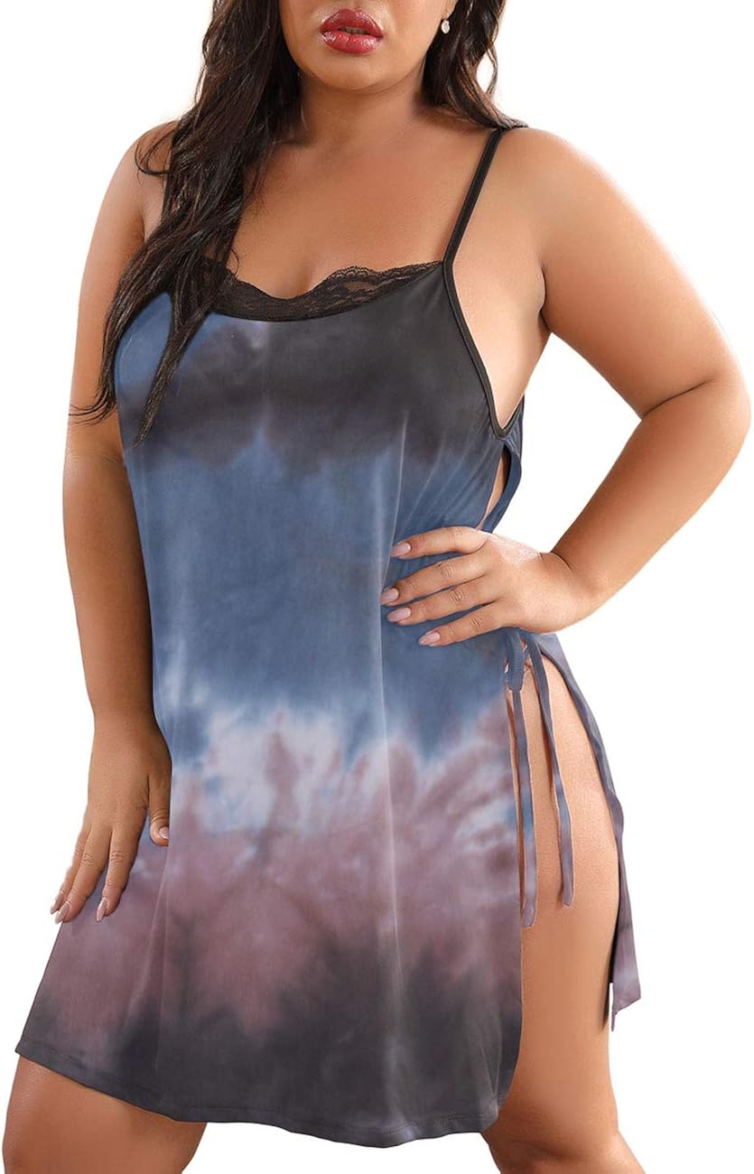 XAKALAKA Women Plus Size Lace Babydoll Lingerie Side Slit Strappy Chemise Sleepwear at  Women’s Clothing store