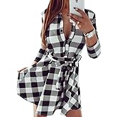 FANCYINN Women Long Sleeve Plaid Pattern Tunic Tops Shirt Casual Dress