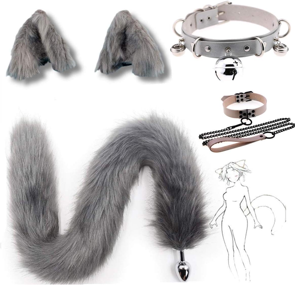 HuaTeus Cat Ears and Tail Set Cat Ear Clips and Long Tail