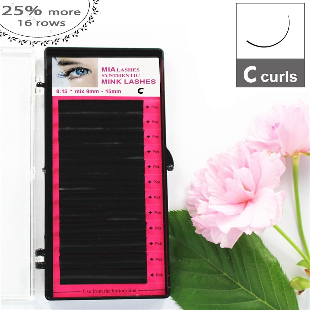 Mia Beauty Eyelash Extensions 0.15mm C Curl With Free Beauty Ebook Included Ellipse Flat False Eyelash Extremely Soft Application-friendly Mink Lashes Mix Tray（Salon Use）