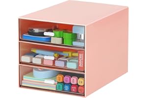 LETURE Desk Organizer with 4 Drawers, Clear Plastic Desk Storage Box, Desktop Organization for Office Supplies, Gel Pens, Pencils, Markers, Tape, Erasers, Paperclips, Chargers (Pink w 3Draws)
