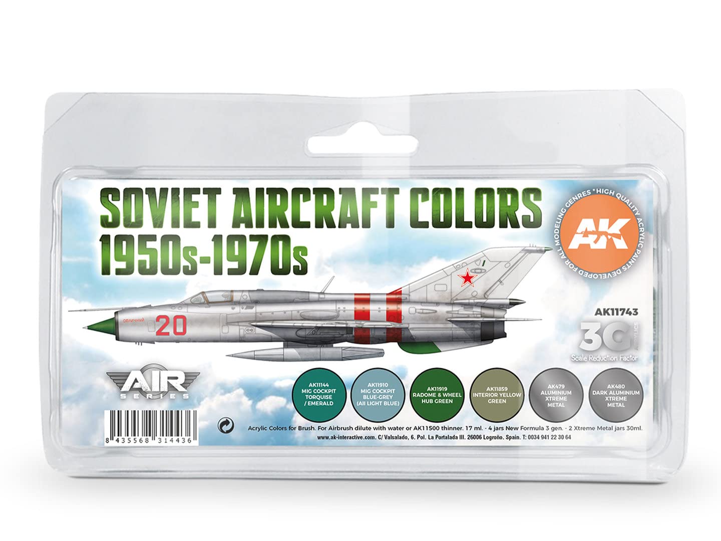 AK Acrylics 3Gen Aircraft Set AK11743 Soviet Aircraft Colors 1950s-1970s Set 3G (8x17ml)