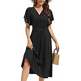 Womens Dresses Midi Length Casual Summer Short Sleeve Wrap Ruffle Swing Party A Line Dress