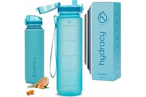 Hydracy Water Bottle with Time Marker -Large BPA Free Water Bottle & No Sweat Sleeve -Leak Proof Gym Bottle with Fruit Infuser Strainer & Times to Drink -Ideal Gift for Fitness Sports & Outdoors
