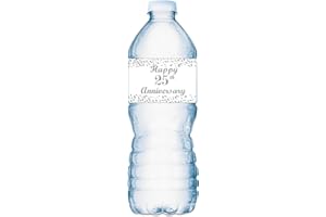 ROKAPARY 25th Anniversary Water Bottle Labels; Set of 20 Waterproof Water Bottle Wrappers; Silver and White Stickers. Happy Anniversary Labels