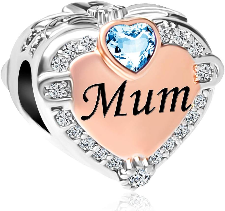 UNIQUEEN Rose Gold Mum Heart Beads Birthstone Charms for Charm Bracelet