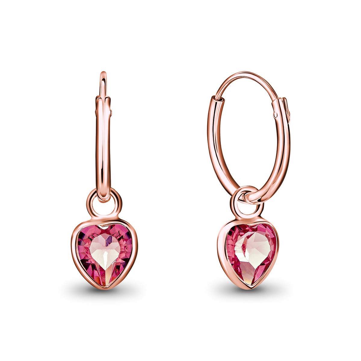DTPsilver® 925 Sterling Silver Rose Gold Plated SMALL Hoops Earrings & Glittering 5 mm Dangling Heart Crystals from Swarovski® Elements - Thickness 1.2 mm - Diameter 12 mm - Colour: Rose