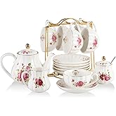 Porcelain Tea Sets British Royal Series, 8 OZ Cups & Saucer Service for 6, with Teapot Sugar Bowl Cream Pitcher Teaspoons and Tea Strainer, Suitable for High Tea, Wedding, Party (Midsummer Rose)