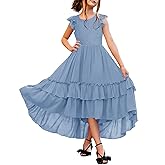 HOSIKA Girls Lace Boho Flower Girl Dress Ruffle Sleeve A-Line Formal Dresses for Wedding Party 6-12 Years