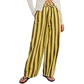 LifeShe Womens Striped Wide Leg Jeans Drawstring Elastic Waist Denim Pants Casual Baggy Jean Trousers