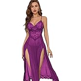 Senllori Women Lingerie Sexy Nightgowns Split Mesh Lace Floral Sheer Babydoll Nightwear Dress 2 Piece with Thong Set