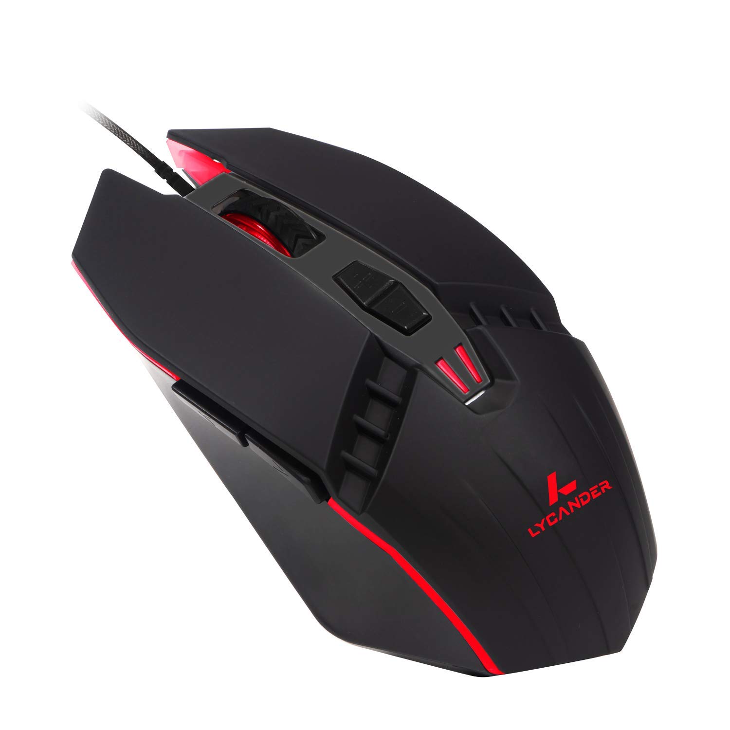 Lycander Gaming Mouse, Wired Optical USB Mice with Adjustable dpi up to 6400, 7 Buttons, LED, 1.5M Cable - Black, Red